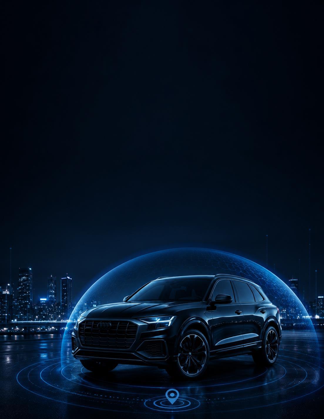Dark SUV beneath a translucent blue protective dome at night